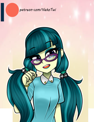 Size: 771x1000 | Tagged: safe, artist:nekojackun, character:juniper montage, my little pony:equestria girls, female, glasses, open mouth, patreon, patreon logo, pigtails, solo, twintails