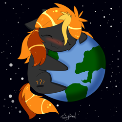 Size: 3000x3000 | Tagged: safe, artist:fajnyziomal, oc, oc:black hole, species:earth pony, species:pony, :3, black hole, black hole pony, blushing, cheek fluff, cute, earth, eyes closed, female, floppy ears, hug, mare, messier 87, ponified, pony bigger than a planet, smiling, solo, space, stars, this will end in death