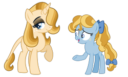 Size: 2500x1500 | Tagged: safe, artist:carouselunique, base used, oc, oc only, oc:golden hour, oc:stargazer lily, parent:night light, parent:pear butter, parents:pearlight, species:earth pony, species:pony, species:unicorn, series:sunlight horizons, bow, duo, freckles, hair bow, hair over one eye, leonine tail, offspring, tail bow