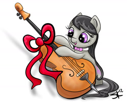 Size: 1662x1346 | Tagged: safe, artist:rawrcharlierawr, character:octavia melody, species:earth pony, species:pony, birthday present, bow, cello, cute, female, filly, filly octavia, musical instrument, open mouth, simple background, solo, tavibetes, white background, younger
