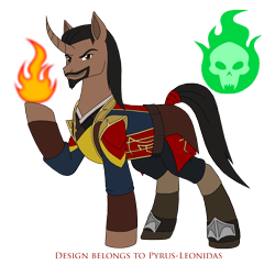 Size: 1588x1532 | Tagged: safe, artist:pyrus-leonidas, species:pony, species:unicorn, series:mortal kombat:defenders of equestria, beard, boots, clothing, crossover, curved horn, facial hair, fire, goatee, horn, male, mortal kombat, pants, ponified, raised hoof, shang tsung, shoes, signature, simple background, skull, solo, stallion, tail wrap, transparent background