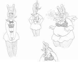 Size: 3143x2516 | Tagged: safe, artist:catstuxedo, character:fluttershy, species:human, belly button, blushing, bunny suit, bunnyshy, burp, clothing, easter, easter bunny, fat, fattershy, female, high res, holiday, humanized, mask, monochrome, obese, solo, weight gain, winged humanization, wings