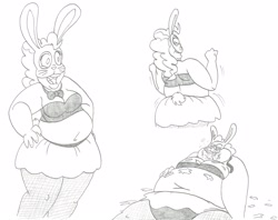 Size: 3151x2495 | Tagged: safe, artist:catstuxedo, character:pinkie pie, species:anthro, belly button, bunny suit, clothing, dancing, easter, easter bunny, fat, female, high res, holiday, mask, monochrome, obese, piggy pie, pudgy pie, solo, weight gain