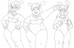 Size: 2495x1634 | Tagged: safe, artist:catstuxedo, character:pinkie pie, character:rainbow dash, character:rarity, species:human, armpits, blushing, bow tie, breasts, bunny suit, cleavage, clothing, easter, easter bunny, fat, holiday, humanized, monochrome, overweight, pudgy pie, smiling