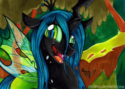Size: 1600x1135 | Tagged: safe, artist:julunis14, character:queen chrysalis, species:changeling, episode:the beginning of the end, g4, my little pony: friendship is magic, changeling queen, crazylis, faec, female, marker drawing, promarker, scene interpretation, signature, solo, traditional art