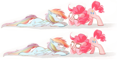 Size: 1111x578 | Tagged: safe, artist:pinkablue, character:pinkie pie, character:rainbow dash, species:earth pony, species:pegasus, species:pony, ship:pinkiedash, blep, blushing, cute, face down ass up, female, hoof on cheek, lesbian, lidded eyes, looking at each other, lying down, mare, shipping, silly, simple background, smiling, sweat, tongue out, white background