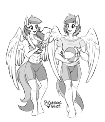 Size: 3300x3813 | Tagged: safe, artist:starshinebeast, oc, oc only, oc:uma stale, oc:umami stale, species:anthro, species:pegasus, species:unguligrade anthro, abs, anthro oc, brother and sister, clothing, fangs, female, hooves, male, mare, medicine ball, shirt, siblings, skintight clothes, sports bra, sports shorts, stallion, t-shirt, towel, twins, wings