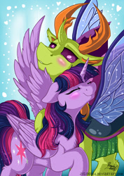 Size: 1024x1449 | Tagged: safe, artist:julunis14, character:thorax, character:twilight sparkle, character:twilight sparkle (alicorn), species:alicorn, species:changeling, species:pony, species:reformed changeling, ship:twirax, antlers, blushing, chest fluff, chin fluff, eyes closed, female, heart, hoof fluff, leg fluff, male, mare, shipping, smiling, spread wings, straight, wing fluff, wings