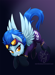Size: 663x900 | Tagged: safe, artist:starshinebeast, character:nightshade, species:pegasus, species:pony, clothing, colored pupils, costume, female, goggles, lidded eyes, mare, shadowbolts, shadowbolts (nightmare moon's minions), shadowbolts costume, solo, spread wings, wings