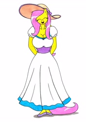 Size: 2471x3482 | Tagged: safe, artist:killerteddybear94, character:fluttershy, species:anthro, big breasts, breasts, busty fluttershy, clothing, cute, dress, eyes closed, fluttershy day, hands behind back, hat, open mouth, shyabetes, smiling, sun hat, sundress, traditional art