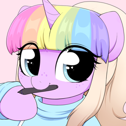 Size: 4000x4000 | Tagged: safe, artist:moozua, oc, oc only, oc:lullaby tiara, species:pony, species:unicorn, clothing, cute, eye clipping through hair, female, freckles, icon, looking at you, mare, mouth hold, ocbetes, pen, ponytail, smiling, solo