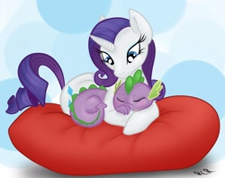 Size: 1344x1064 | Tagged: safe, artist:rawrcharlierawr, character:rarity, character:spike, species:dragon, species:pony, species:unicorn, ship:sparity, abstract background, female, hug, interspecies, male, mare, prone, shipping, spikelove, straight