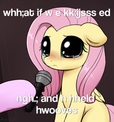 Size: 2655x2838 | Tagged: safe, artist:moozua, character:fluttershy, species:pegasus, species:pony, big eyes, blushing, caption, crying, crying cat, cute, dilated pupils, engrish, female, floppy ears, hoof hold, hooves, image macro, lewd, looking at you, mare, meme, microphone, offscreen character, ponified animal photo, ponified meme, sad, sadorable, shyabetes, solo focus, teary eyes, text