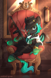 Size: 1700x2569 | Tagged: safe, artist:redchetgreen, oc, species:bat pony, species:pony, cigarette, clothing, cloven hooves, gun, leonine tail, solo, tommy gun, weapon