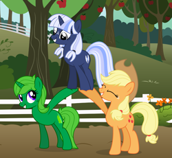 Size: 3053x2804 | Tagged: safe, artist:limedreaming, character:applejack, oc, oc:lime dream, oc:silverlay, species:earth pony, species:pony, species:unicorn, clothing, farmpony, fence, freckles, happy, hat, lifting, looking at each other, sweet apple acres, tree, vector
