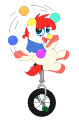 Size: 1800x2800 | Tagged: safe, artist:ponkus, oc, oc only, oc:jester jokes, species:earth pony, species:pony, clown, happy, juggling, solo, unicycle