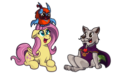 Size: 900x529 | Tagged: safe, artist:moonlightfan, character:fluttershy, species:anthro, species:dog, species:pegasus, species:pony, anthro with ponies, crossover, pyre, rukey greentail, simple background, ti'zo