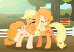 Size: 970x686 | Tagged: safe, artist:darbypop1, character:applejack, character:pear butter, species:pony, apple, apple tree, blushing, crying, cute, duo, female, food, hatless, hug, if only, like mother like daughter, missing accessory, mother and daughter, mother's day, tears of joy, tree