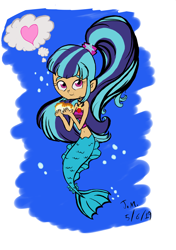 Size: 1700x2417 | Tagged: safe, artist:obeliskgirljohanny, character:sonata dusk, my little pony:equestria girls, female, food, full body, heart, human coloration, looking at you, mermaid, mermaidized, solo, sonataco, species swap, taco, thought bubble, underwater