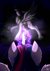 Size: 1024x1449 | Tagged: safe, alternate version, artist:julunis14, character:twilight sparkle, character:twilight sparkle (alicorn), oc, species:alicorn, species:pony, alicorn oc, ethereal mane, fanfic, fanfic art, fanfic cover, flowing hair, flowing mane, glowing horn, horn, magic, rainbow hair