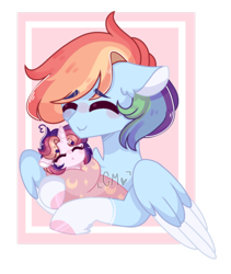 Size: 1192x1412 | Tagged: safe, artist:moon-rose-rosie, character:rainbow dash, oc, oc:celestial moon, parent:rainbow dash, parent:twilight sparkle, parents:twidash, species:pony, female, magical lesbian spawn, mother and daughter, offspring, swaddling