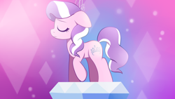 Size: 1366x768 | Tagged: safe, artist:moozua, character:diamond tiara, species:earth pony, species:pony, abstract background, diamond, eyes closed, female, filly, floppy ears, frown, gem, jewelry, profile, raised hoof, sad, solo, tiara