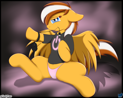 Size: 2500x2000 | Tagged: safe, artist:cloufy, oc, species:pegasus, species:pony, clothing, commission, computer mouse, female, mare, panties, pink underwear, shirt, solo, spread legs, spreading, t-shirt, underwear, wings