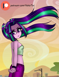 Size: 1079x1400 | Tagged: safe, artist:nekojackun, character:aria blaze, my little pony:equestria girls, bare shoulders, female, long hair, midriff, patreon, patreon logo, pigtails, sleeveless, solo, strapless, tube top