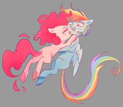 Size: 950x830 | Tagged: safe, artist:pinkablue, character:pinkie pie, character:rainbow dash, species:earth pony, species:pegasus, species:pony, ship:pinkiedash, eyes closed, female, gray background, lesbian, mare, missing cutie mark, shipping, simple background, smiling, underhoof
