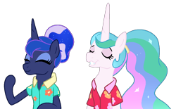 Size: 958x595 | Tagged: safe, artist:moonlightdisney5, character:princess celestia, character:princess luna, species:pony, episode:between dark and dawn, g4, my little pony: friendship is magic, cute, ponies wearing clothing, screenshot redraw, simple background, transparent background, vacation