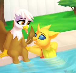 Size: 2772x2688 | Tagged: safe, artist:nika-rain, character:gilda, oc, oc:ren the changeling, species:changeling, species:griffon, species:pony, changeling oc, female, food, gilren, ice cream, male, summer, sun, swimming pool, ych result, yellow changeling