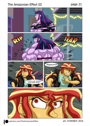 Size: 1495x2085 | Tagged: safe, artist:atariboy2600, artist:bluecarnationstudios, character:sunset shimmer, character:twilight sparkle, character:twilight sparkle (alicorn), species:alicorn, species:pony, comic:the amazonian effect, comic:the amazonian effect iii, my little pony:equestria girls, angry, bloodshot eyes, bra, clothing, comic, explicit series, muscle growth, muscles, overdeveloped muscles, purple underwear, red eyes, twilight muscle, underwear