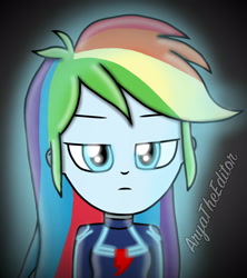 Size: 1920x2160 | Tagged: safe, artist:aryatheeditor, character:rainbow dash, episode:overpowered, g4, my little pony: equestria girls, my little pony:equestria girls, captain marvel (marvel), cooler, dark, elements of harmony, fanart, female, glow, glowing eyes, marvel, solo, vignette