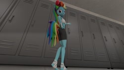 Size: 2702x1520 | Tagged: safe, artist:fazbearsparkle, character:rainbow dash, species:anthro, 3d, locker room, lockers, looking at you, source filmmaker