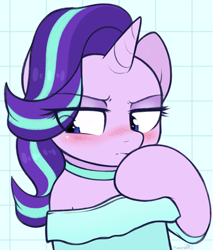 Size: 2740x3220 | Tagged: safe, artist:moozua, character:starlight glimmer, species:pony, species:unicorn, blushing, bust, choker, clothing, cute, dress, eye clipping through hair, female, glimmerbetes, human shoulders, mare, off shoulder, portrait, raised hoof, solo