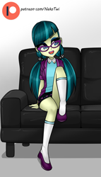 Size: 800x1400 | Tagged: safe, artist:nekojackun, character:juniper montage, my little pony:equestria girls, couch, female, glasses, patreon, patreon logo, sexy, simple background, solo