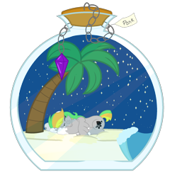 Size: 1800x1800 | Tagged: safe, artist:ponkus, oc, species:pegasus, species:pony, beach, bottle, cute, female, gem, mare, night, palm tree, peaceful, pony in a bottle, simple background, sleeping, solo, stars, transparent background, trapped, tree, water, wave