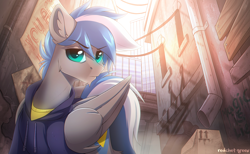 Size: 1748x1080 | Tagged: safe, artist:redchetgreen, oc, oc only, oc:cloud zapper, species:pegasus, species:pony, alleyway, city, clothing, graffiti, male, scenery, solo, stallion