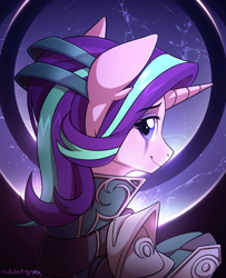 Size: 1200x1476 | Tagged: safe, artist:redchetgreen, character:starlight glimmer, species:pony, species:unicorn, g4, bust, clothing, cosplay, costume, crossover, cute, diana, ear fluff, eyebrows, eyebrows visible through hair, female, glimmerbetes, league of legends, looking at you, mare, portrait, profile, signature, smiling, solo, video game crossover