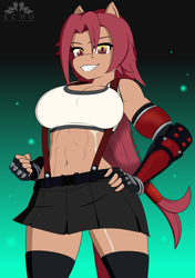 Size: 2400x3400 | Tagged: safe, artist:ponyecho, oc, oc:nell clearfield, species:anthro, abs, clothing, cosplay, costume, crossover, final fantasy, final fantasy vii, fingerless gloves, gloves, high res, looking at you, miniskirt, muscles, offscreen character, pleated skirt, pov, raider, scar, skirt, smiling, socks, suspenders, thigh highs, tifa lockhart, video game crossover, zettai ryouiki