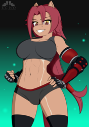 Size: 2400x3400 | Tagged: safe, alternate version, artist:ponyecho, oc, oc:nell clearfield, species:anthro, abs, black underwear, breasts, clothing, female, fingerless gloves, gloves, high res, looking at you, muscles, offscreen character, panties, pov, raider, scar, smiling, socks, solo, thigh highs, underwear