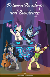 Size: 621x966 | Tagged: safe, artist:littletigressda, artist:moonlightfan, editor:quillian inkheart, character:dj pon-3, character:fiddlesticks, character:neon lights, character:octavia melody, character:rising star, character:vinyl scratch, species:pony, fanfic:between bassdrops and bowstrings, apple family member, cello, fanfic, fanfic art, fanfic cover, fiddle, fimfiction, magic, musical instrument, poster, record, speakers, sunglasses, turntable