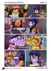 Size: 1697x2367 | Tagged: safe, artist:atariboy2600, artist:bluecarnationstudios, character:spike, character:spike (dog), character:sunset shimmer, character:twilight sparkle, character:twilight sparkle (scitwi), species:dog, species:eqg human, comic:the amazonian effect, comic:the amazonian effect iii, my little pony:equestria girls, abs, angry, ass, bra, bunset shimmer, clothing, comic, explicit series, growth, muscle expansion, muscle growth, muscles, orange underwear, overdeveloped muscles, panties, purple underwear, red eyes, sunset lifter, sunset's apartment, torn clothes, twilight muscle, underwear, wrestling