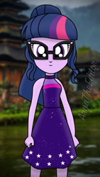 Size: 1080x1920 | Tagged: safe, artist:aryatheeditor, character:twilight sparkle, character:twilight sparkle (scitwi), species:eqg human, equestria girls:spring breakdown, g4, my little pony: equestria girls, my little pony:equestria girls, spoiler:eqg series (season 2), bali, bare shoulders, bust, clothing, cute, digital art, digital painting, drawing, dress, elements of harmony, female, glasses, indonesia, portrait, sleeveless, smiley face, smiling, solo, temple