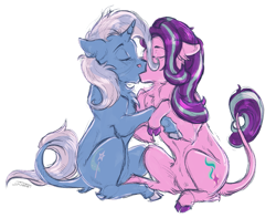 Size: 1149x905 | Tagged: safe, artist:shimazun, character:starlight glimmer, character:trixie, species:pony, ship:startrix, cloven hooves, eyes closed, female, kissing, leonine tail, lesbian, shipping, traditional art, unshorn fetlocks