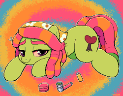 Size: 403x315 | Tagged: safe, artist:moozua, character:tree hugger, species:earth pony, species:pony, drugs, female, grinder, high, lighter, looking at you, lying down, mare, marijuana, pipe, pixel art, prone, red eyes, solo, tree stoner