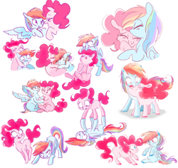 Size: 1122x1061 | Tagged: safe, artist:pinkablue, character:pinkie pie, character:rainbow dash, species:earth pony, species:pegasus, species:pony, ship:pinkiedash, blushing, cute, dashabetes, diapinkes, female, lesbian, mare, missing cutie mark, shipping, smiling, spread wings, wings