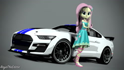 Size: 4096x2304 | Tagged: safe, artist:aryatheeditor, character:fluttershy, my little pony:equestria girls, 3d, car, elements of harmony, female, ford mustang, kindness, photo, photoshop, pose, shelby, shelby gt500 mustang, simple background, solo, studio, style, vignette, white background