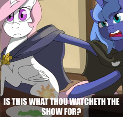 Size: 465x444 | Tagged: safe, artist:lunarcakez, character:princess celestia, character:princess luna, species:alicorn, species:pony, butt, caption, cloak, clothing, i watch it for the plot, image macro, meme, out of context, pink-mane celestia, s1 luna, text