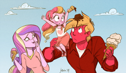 Size: 1280x740 | Tagged: safe, artist:bevin brand, artist:carouselunique, character:big mcintosh, character:dean cadance, character:princess cadance, oc, oc:honeycrisp blossom, parent:big macintosh, parent:princess cadance, parents:cadmac, species:eqg human, ship:cadmac, my little pony:equestria girls, clothing, dropped ice cream, equestria girls-ified, family, female, food, ice cream, ice cream cone, male, mary janes, official fan art, offspring, ring, shipping, skirt, straight, tank top, wedding ring